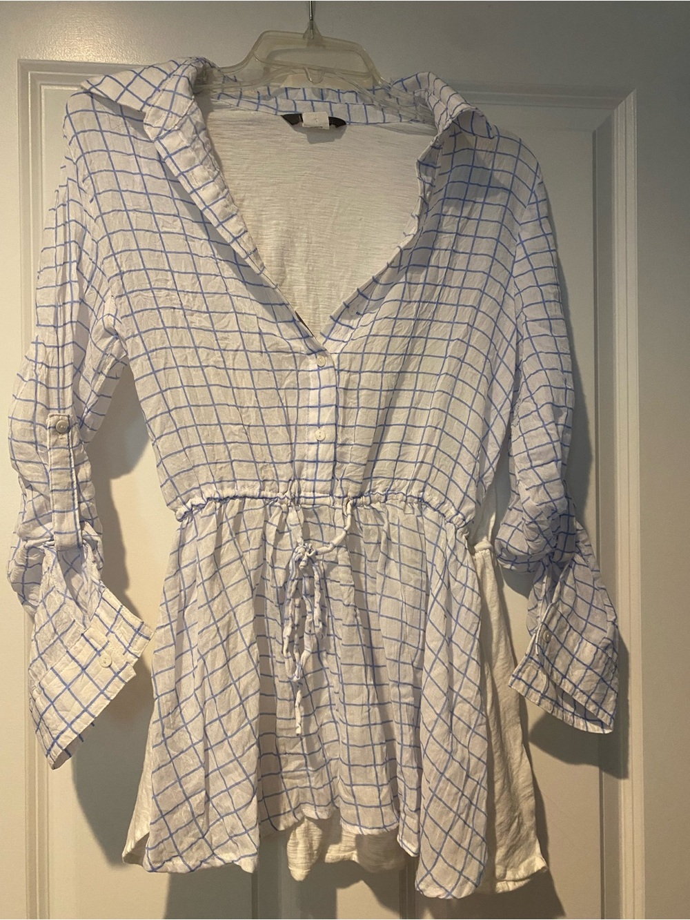Blue Tassel White Blue Windowpane Drawstring Waist Long-Sleeve Shirt Top Sz M